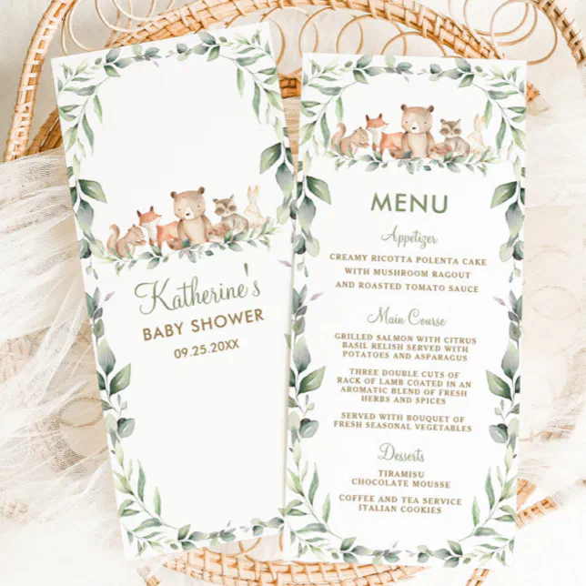 Woodland Animals Greenery Baby Shower Party Menu | Zazzle