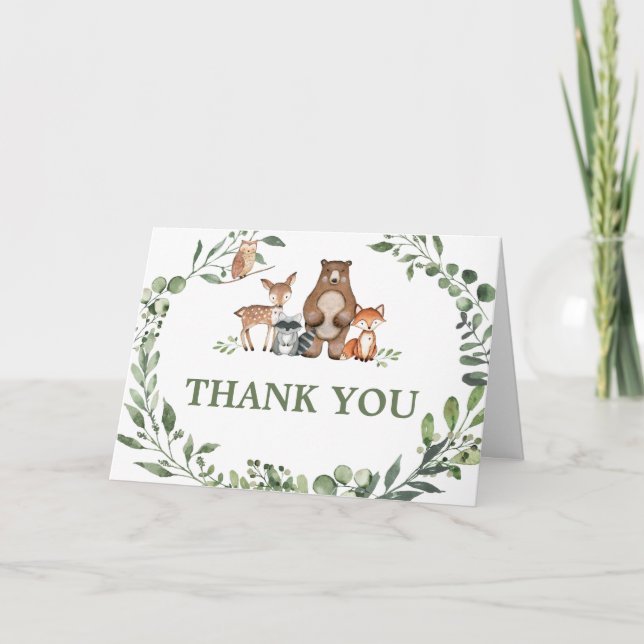 Woodland Animals Greenery Baby Shower  Thank You Card (Front)