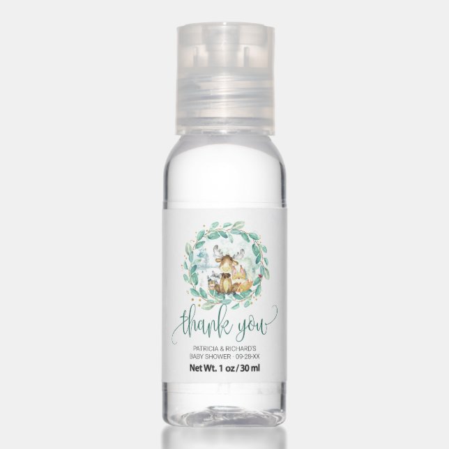 Woodland Animals Greenery Baby Shower Thank You Hand Sanitizer (Front)