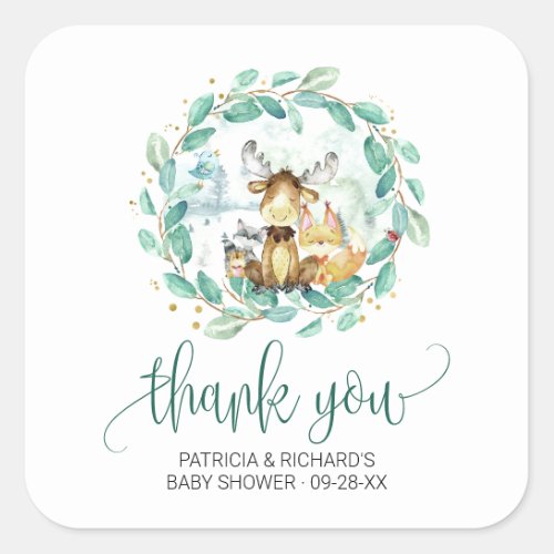 Woodland Animals Greenery Baby Shower Thank You Square Sticker
