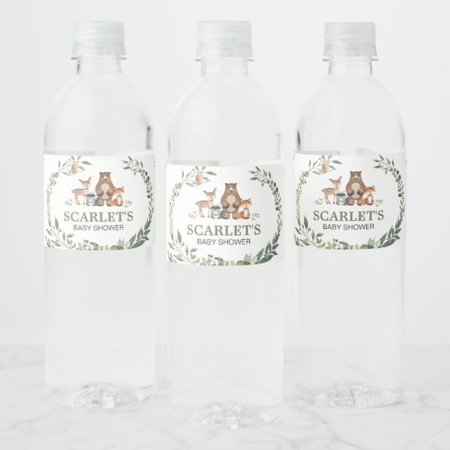 Woodland Animals Greenery Baby Shower  Water Bottle Label (Bottles)
