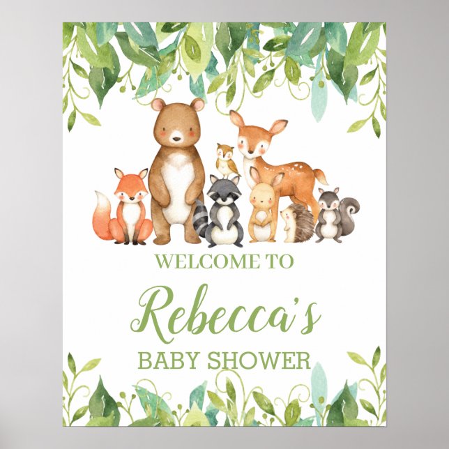 Woodland Animals Greenery Baby Shower Welcome Sign (Front)