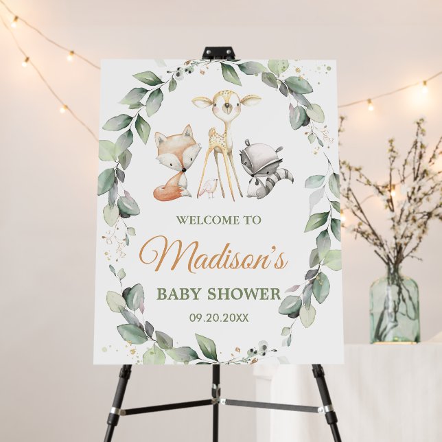 Woodland Animals Greenery Baby Shower Welcome Sign (In Situ (Stand))