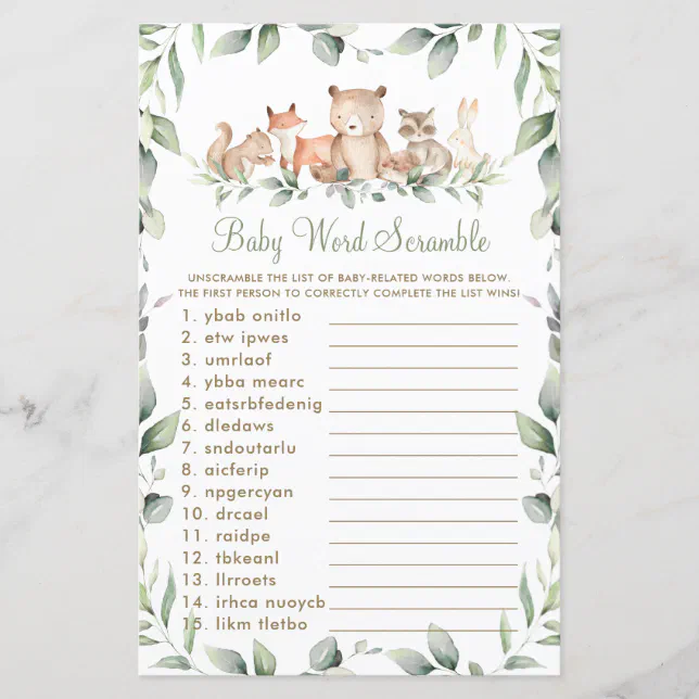 Woodland Animals Greenery Baby Word Scramble Game | Zazzle