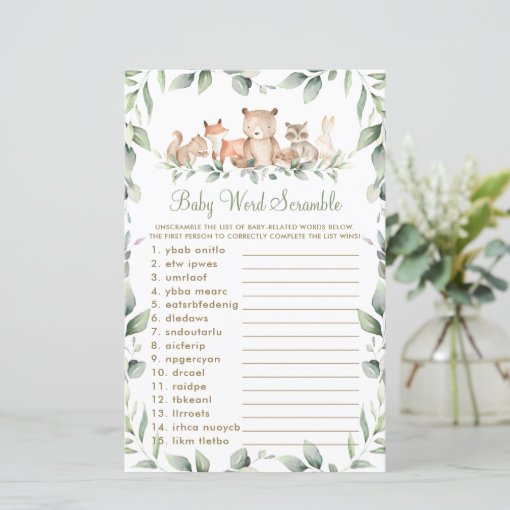 Woodland Animals Greenery Baby Word Scramble Game | Zazzle