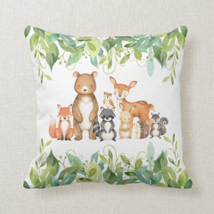 Woodland Animals Greenery Birth Stats Room Decor Throw Pillow
