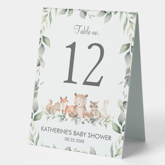 Woodland Animals Greenery Birthday Baby Shower  Table Tent (Front)