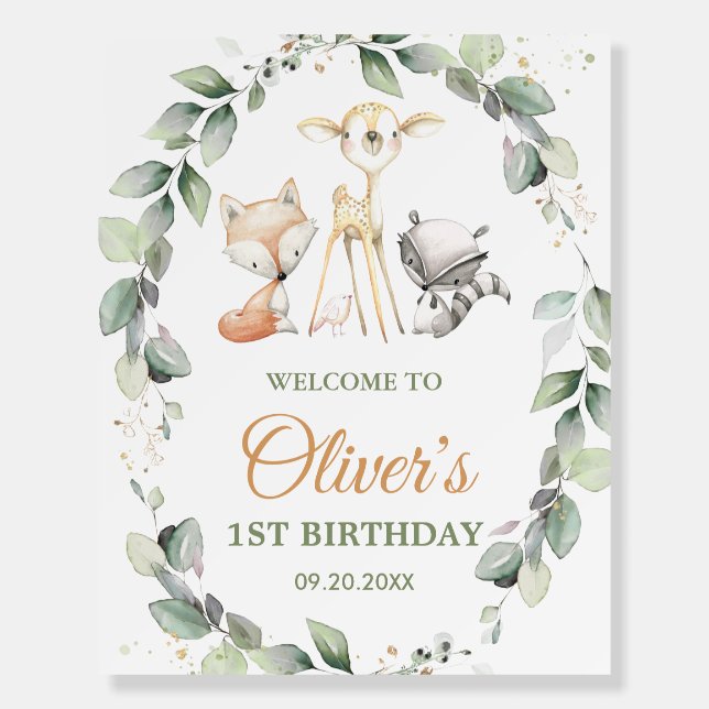 Woodland Animals Greenery Birthday Welcome Sign (Front)