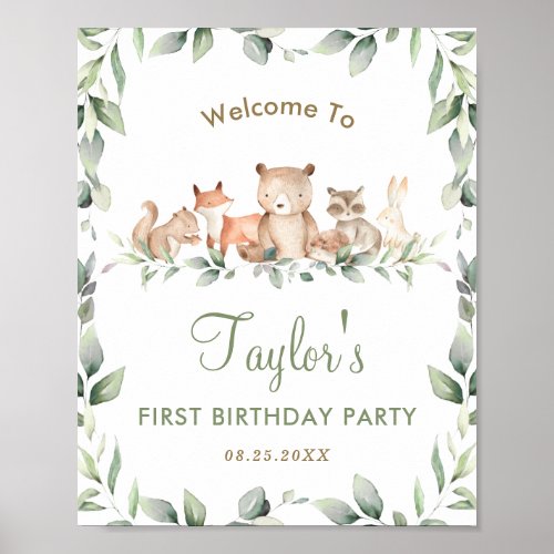 Woodland Animals Greenery Birthday Welcome Sign