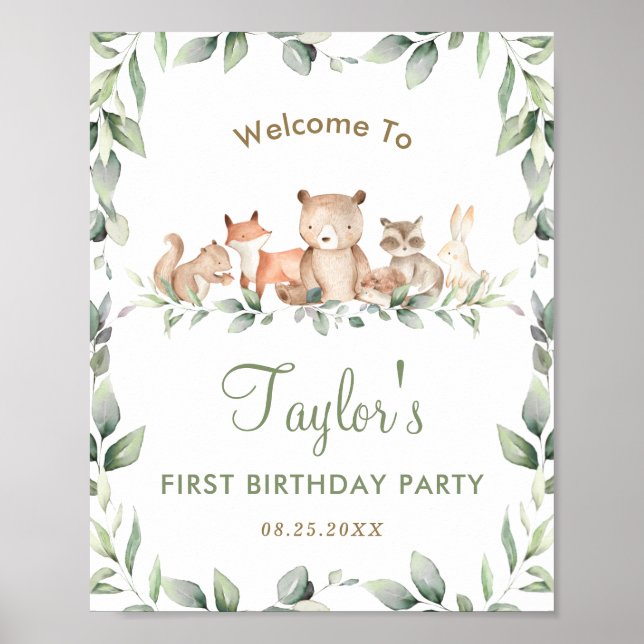 Woodland Animals Greenery Birthday Welcome Sign (Front)