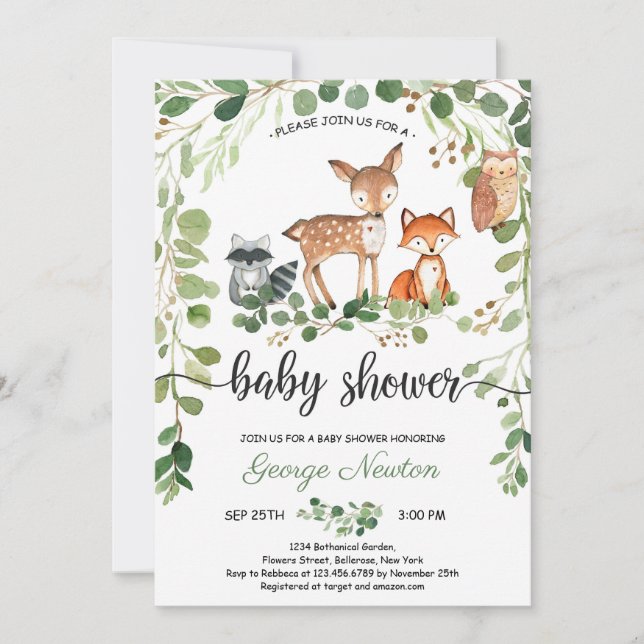Woodland animals greenery boho baby shower invitation (Front)