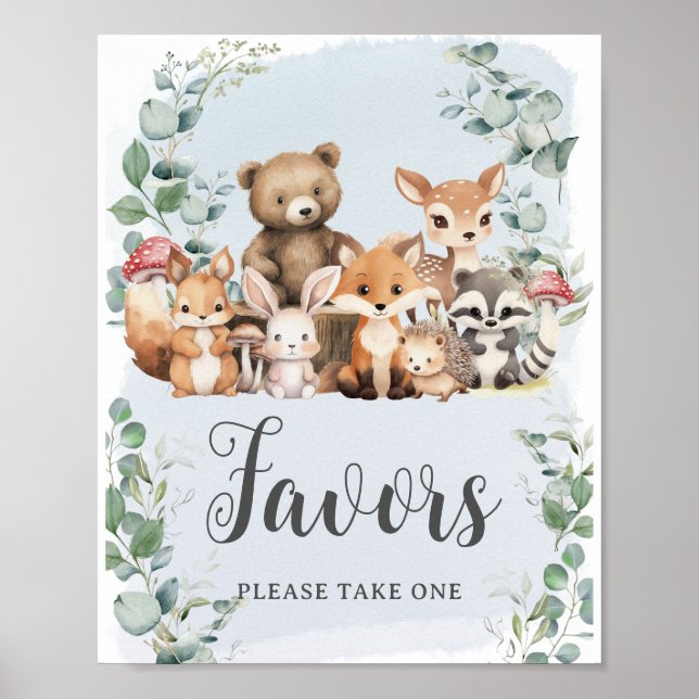 Woodland Animals Greenery Boy Baby Shower Favors Poster (Front)
