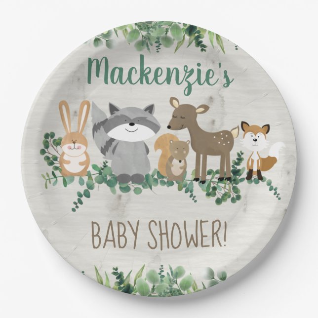 Woodland Animals Greenery Cute Baby Shower  Paper Plates (Front)