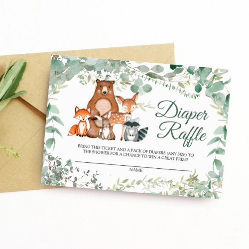 Woodland Animals Greenery Diaper Raffle Card