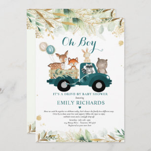 Woodland Animals Greenery Drive By Baby Shower Invitation
