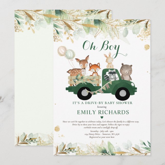 Woodland Animals Greenery Drive By Baby Shower Invitation (Front/Back)
