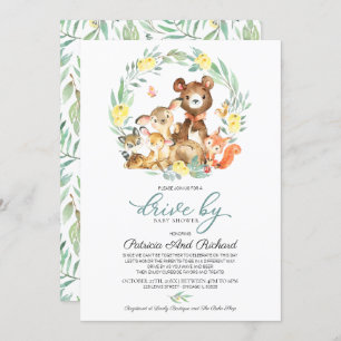 Woodland Animals Greenery Drive By Baby Shower Invitation
