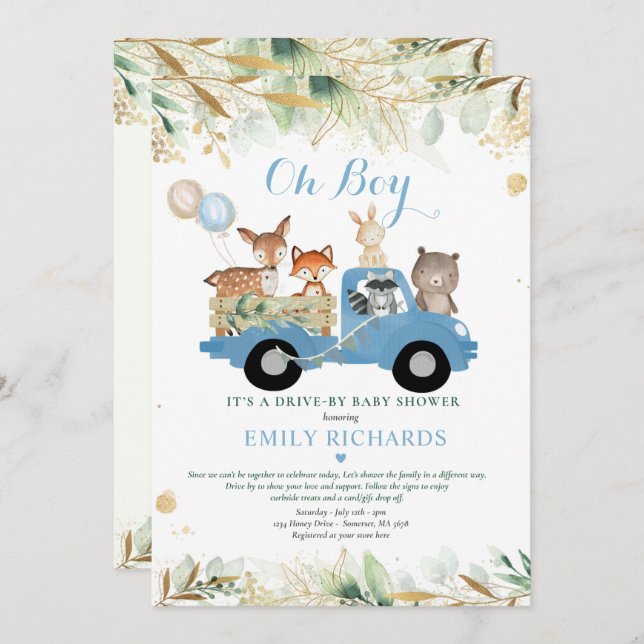 Woodland Animals Greenery Drive By Baby Shower Invitation (Front/Back)