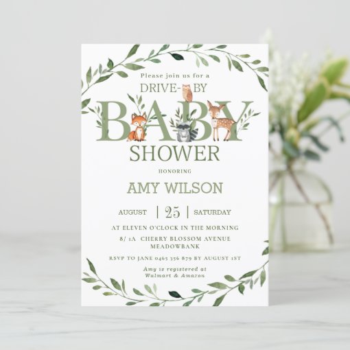 Woodland Animals Greenery Drive By Baby Shower Invitation | Zazzle