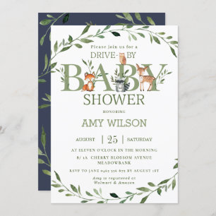 Woodland Animals Greenery Drive By Baby Shower Invitation