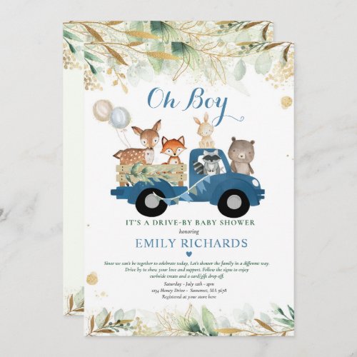 Woodland Animals Greenery Drive By Baby Shower Invitation