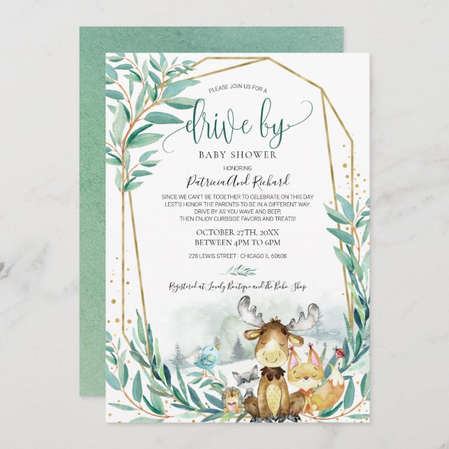 Woodland Animals Greenery Drive By Baby Shower Invitation (Front/Back)