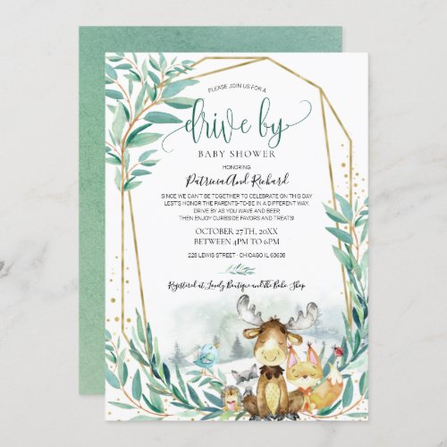 Woodland Animals Greenery Drive By Baby Shower Invitation