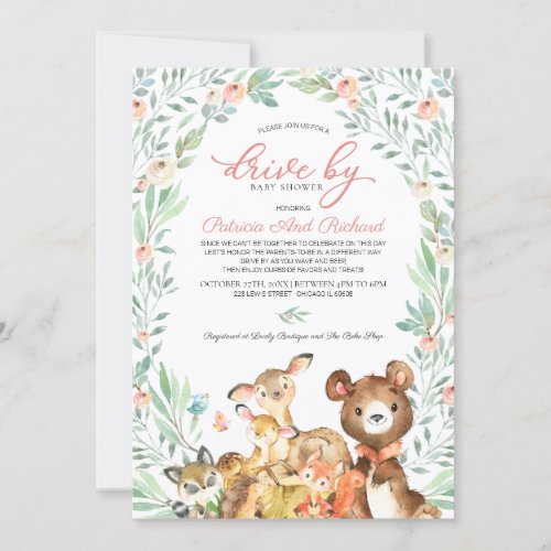 Woodland Animals Greenery Drive By Baby Shower Invitation