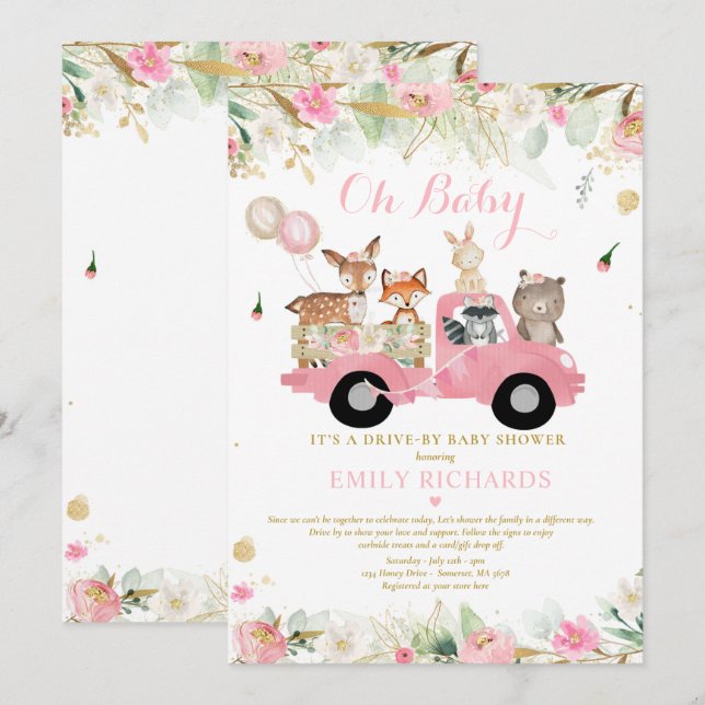 Woodland Animals Greenery Drive By Baby Shower Invitation (Front/Back)