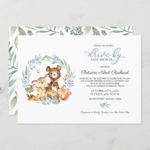 Woodland Animals Greenery Drive By Baby Shower Invitation