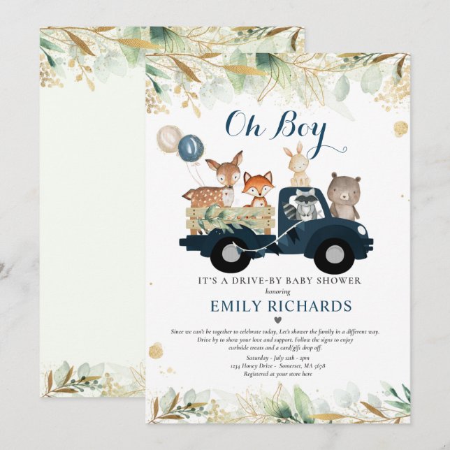 Woodland Animals Greenery Drive By Baby Shower Invitation (Front/Back)