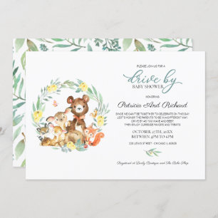 Woodland Animals Greenery Drive By Baby Shower Invitation