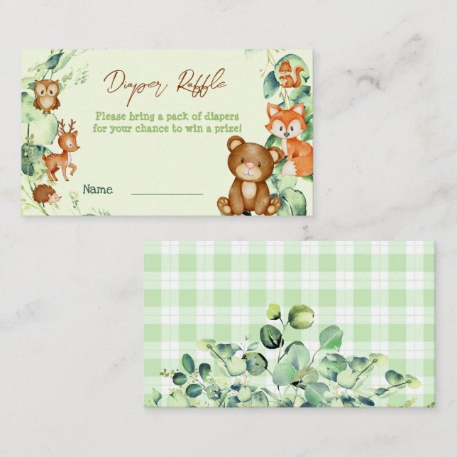 Woodland Animals Greenery Eucalyptus Diaper Raffle Enclosure Card (Front/Back)