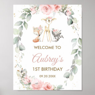Woodland Animals Greenery Floral Birthday Welcome Poster