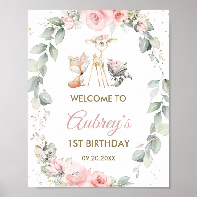 Woodland Animals Greenery Floral Birthday Welcome Poster (Front)
