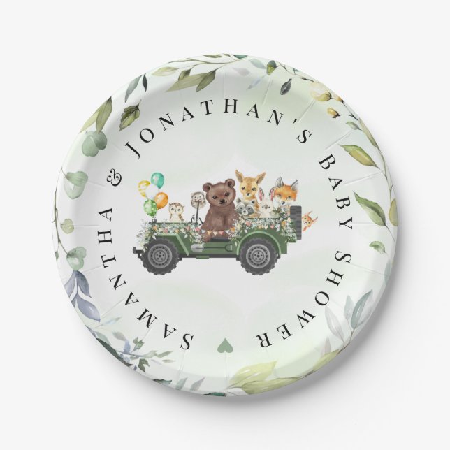 Woodland Animals Greenery Forest Baby Shower Paper Plates (Front)