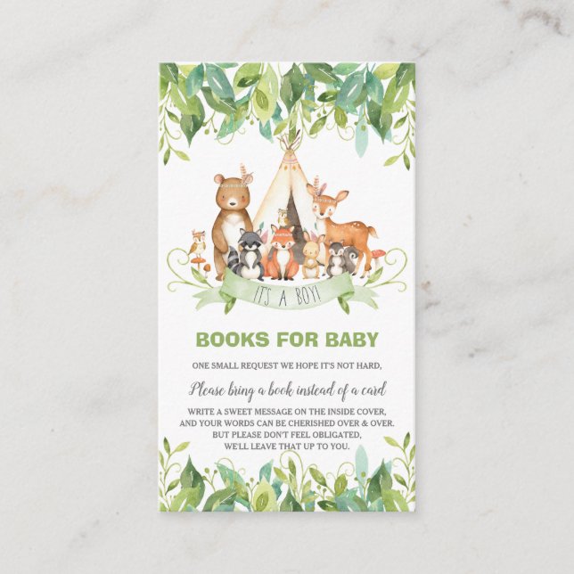 Woodland Animals Greenery Forest Boy Bring a Book Enclosure Card (Front)