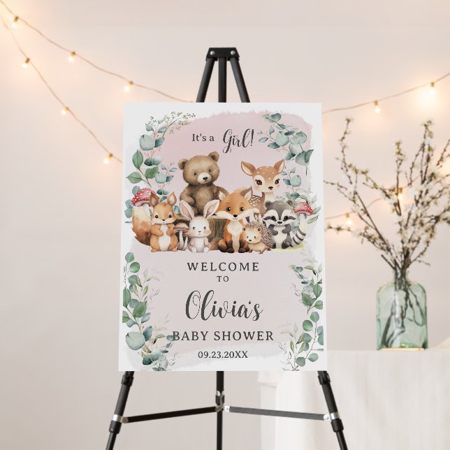 Woodland Animals Greenery Girl Baby Shower Welcome Foam Board (In Situ (Stand))