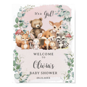 Woodland Animals Greenery Girl Baby Shower Welcome Poster