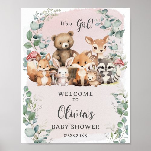 Woodland Animals Greenery Girl Baby Shower Welcome Poster