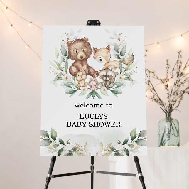 Woodland Animals Greenery Gold Baby Shower Welcome Foam Board (In Situ (Stand))
