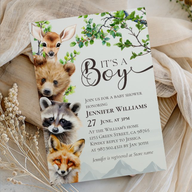 Woodland Animals Greenery It’s a Boy Baby Shower Invitation (Creator Uploaded)