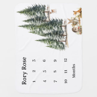 Woodland Animals Greenery Monthly Milestone Baby Blanket