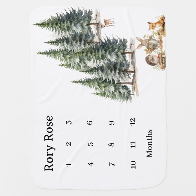 Woodland Animals Greenery Monthly Milestone Baby Blanket (Front)
