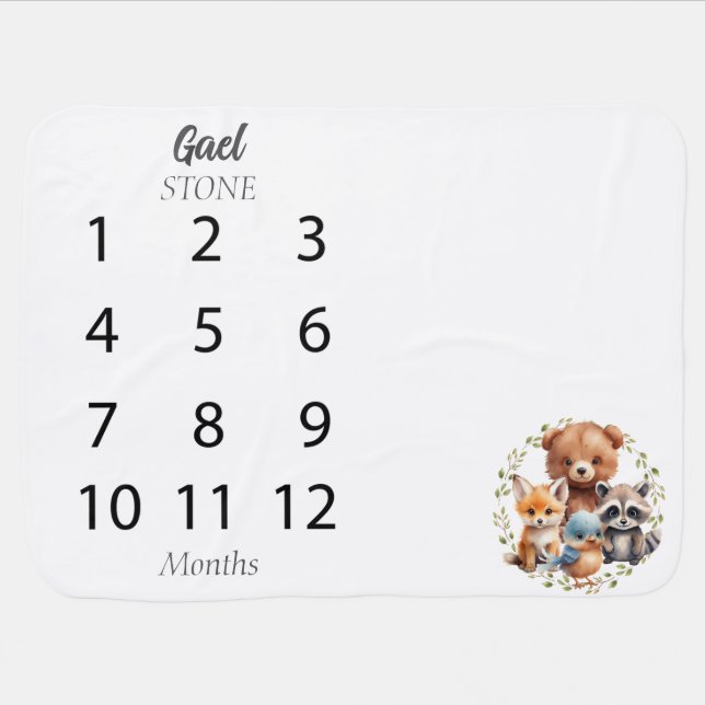 Woodland Animals Greenery Monthly Milestone Boy  Baby Blanket (Horizontal)