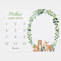 Woodland Animals Greenery Monthly Milestone Boy Baby Blanket