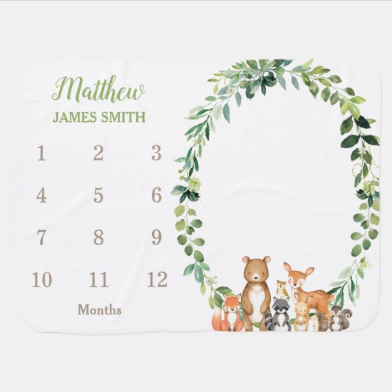 Woodland Animals Greenery Monthly Milestone Boy Baby Blanket