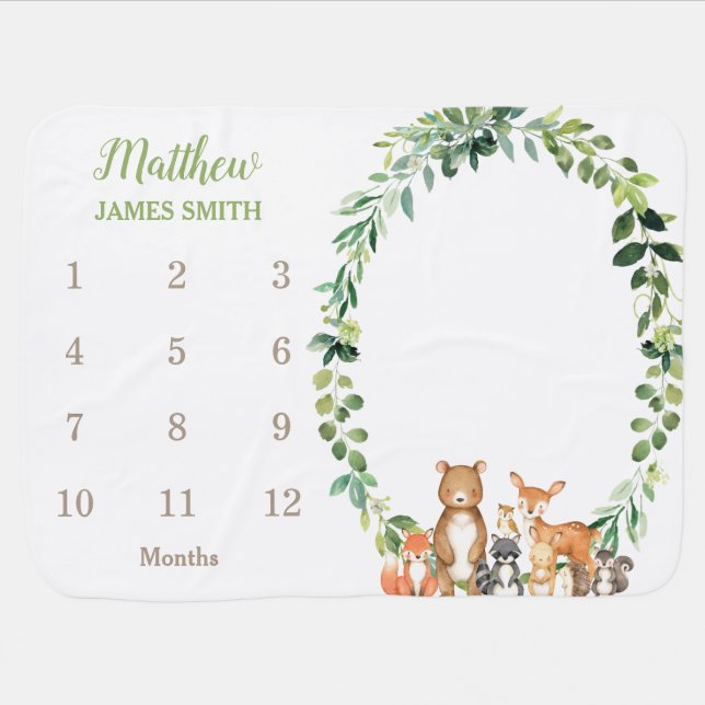 Woodland Animals Greenery Monthly Milestone Boy Baby Blanket (Horizontal)