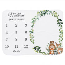Woodland Animals Greenery Monthly Milestone Boy Baby Blanket Woodland Animals Greenery Monthly Milestone Boy Baby Blanket