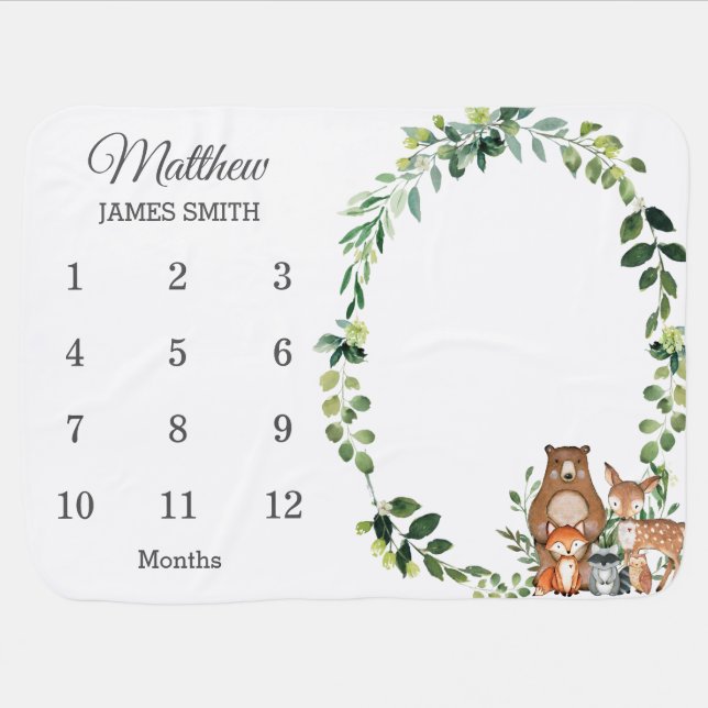 Woodland Animals Greenery Monthly Milestone Boy Baby Blanket (Horizontal)